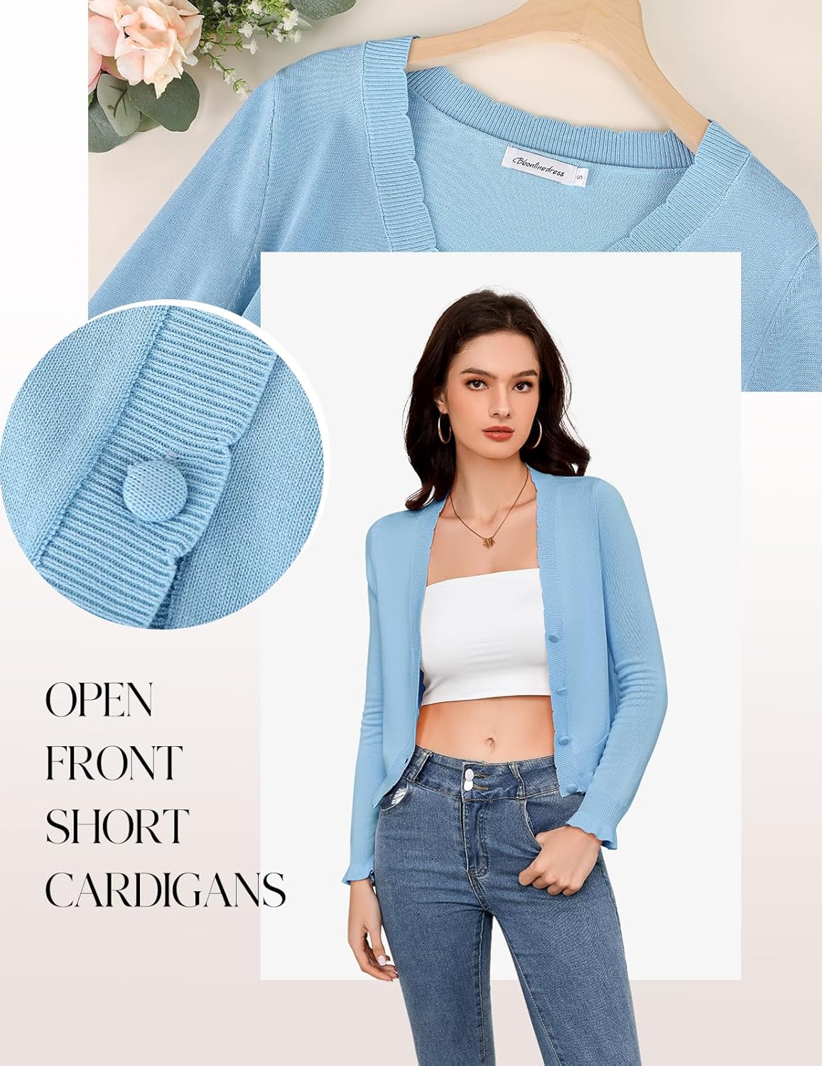 Bbonlinedress Long Sleeve Women Cardigan Sweaters Lightweight Knit Sweater Button Up Cropped Shrugs Tops - Image 7