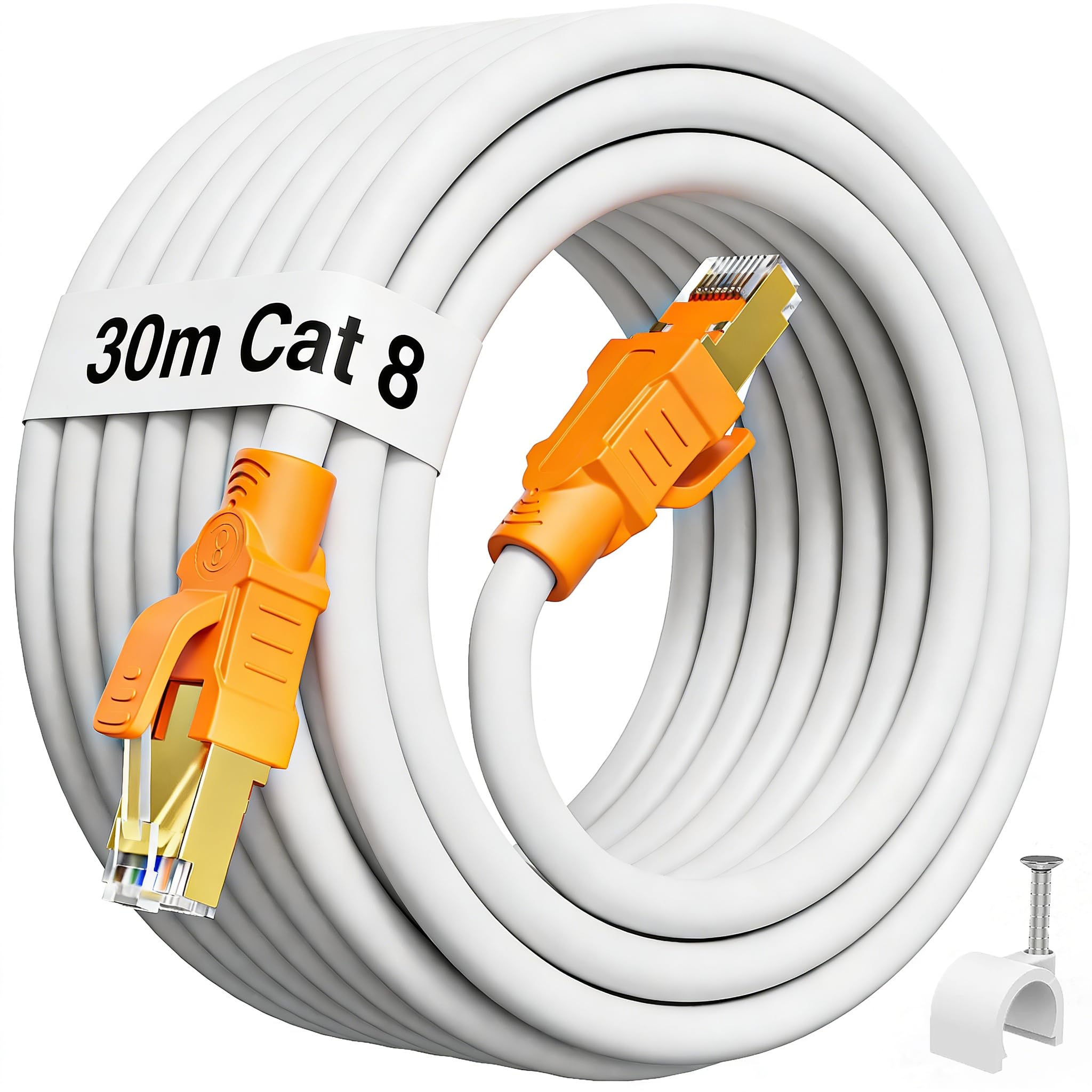 30 Meter Cat 8 Netzwerkkabel, 30m LAN Kabel Weiß 40Gbps 2000MHz Internetkabel Outdoor Ethernetkabel, 26AWG S/FTP PIMF POE Geschirmt Rj45 Cable Patchkabel für Modem Router | Außen 26 AWG S/FTP POE LAN Highspeed-Internet, Gigabit-RJ45, lang, Weiß