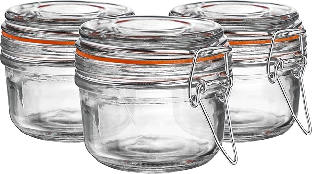 6X 125ml Clear Glass Storage Jars with Orange Airtight Silicone Seal and Metal Clip Lids - 4.2oz Small Empty Kitchen Food Containers - by Argon Tableware