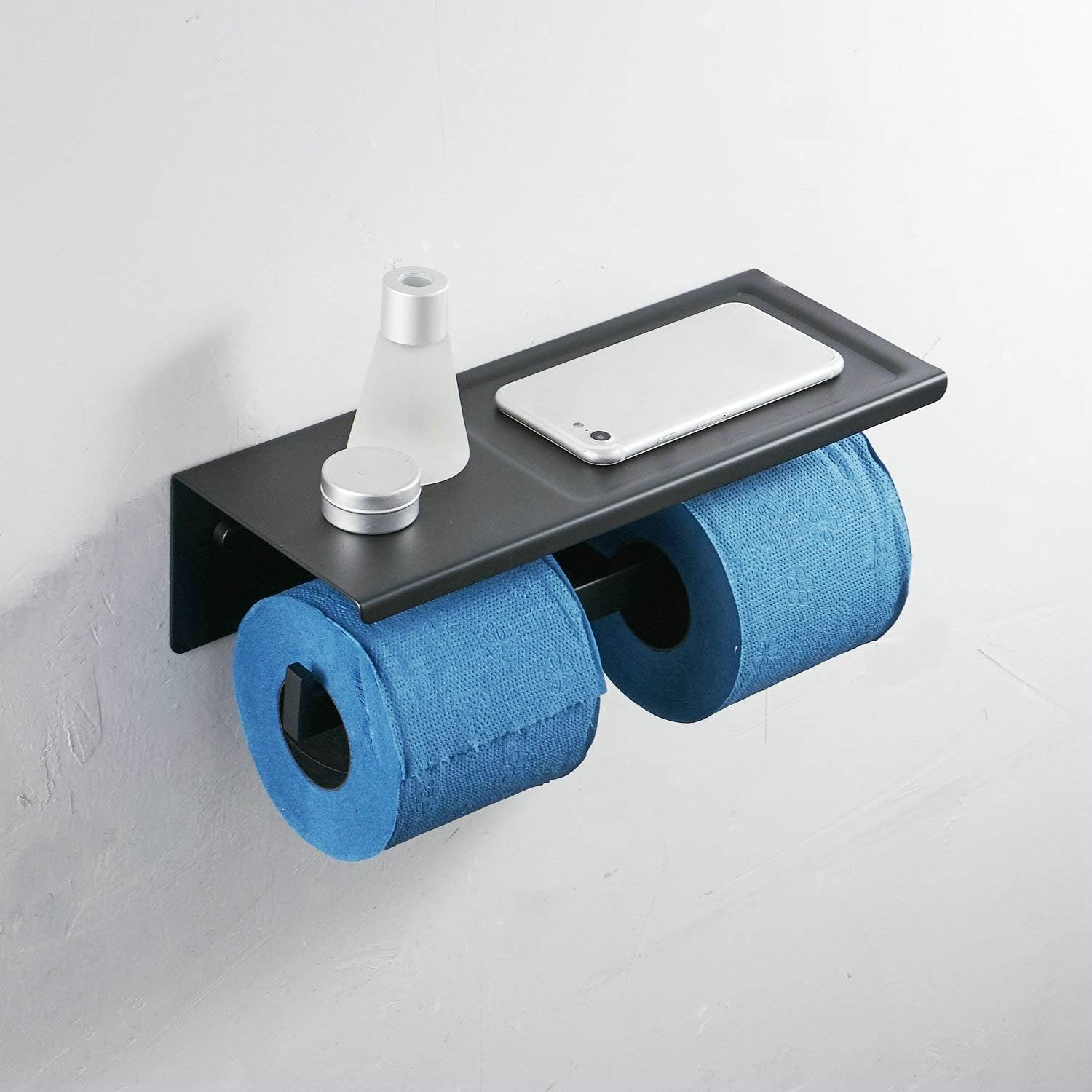 Toilet Paper Holder Wall Mounted Double Roll Holder with Phone Storage Shelf, Black Matte