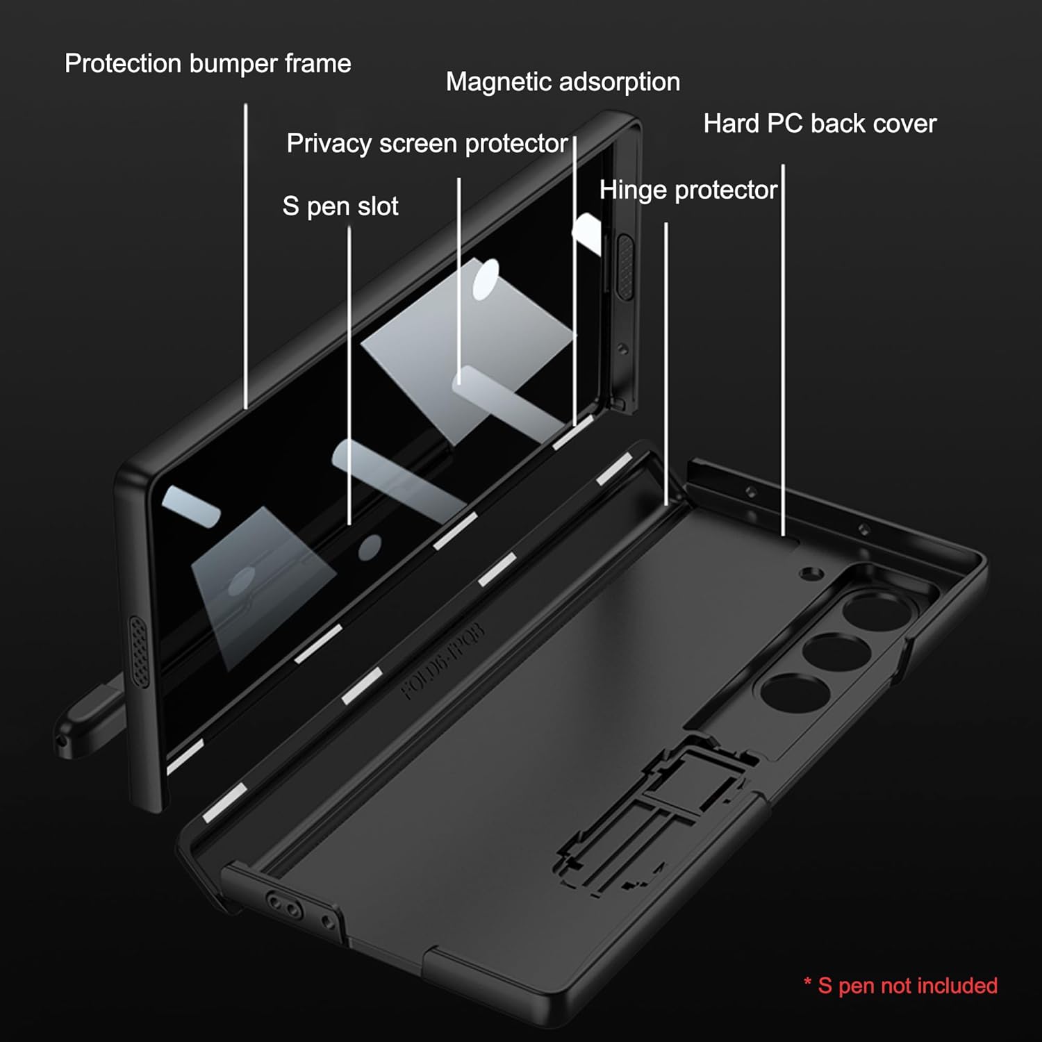 Privacy Case for Samsung Galaxy Z Fold 6 with Hinge Protection [Built-in Privacy Screen Protector & Kickstand] Magnetic Hinge Coverage S Pen Holder Shockproof Anti Spy Full Body Case