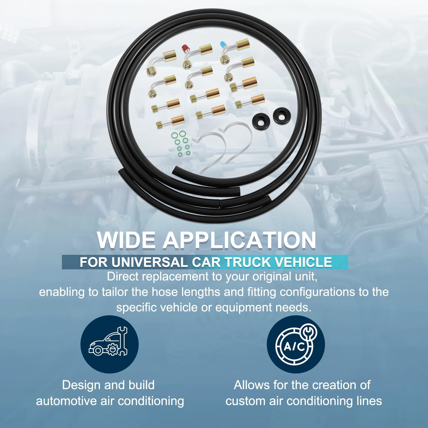 42810100 A/C Hose & Fitting Kit, Complete Set Includes AN6/AN8/AN10 Hoses, Straight & 90° Fittings, O-Rings, Band Clamps & Grommets for Custom Air Conditioning Lines