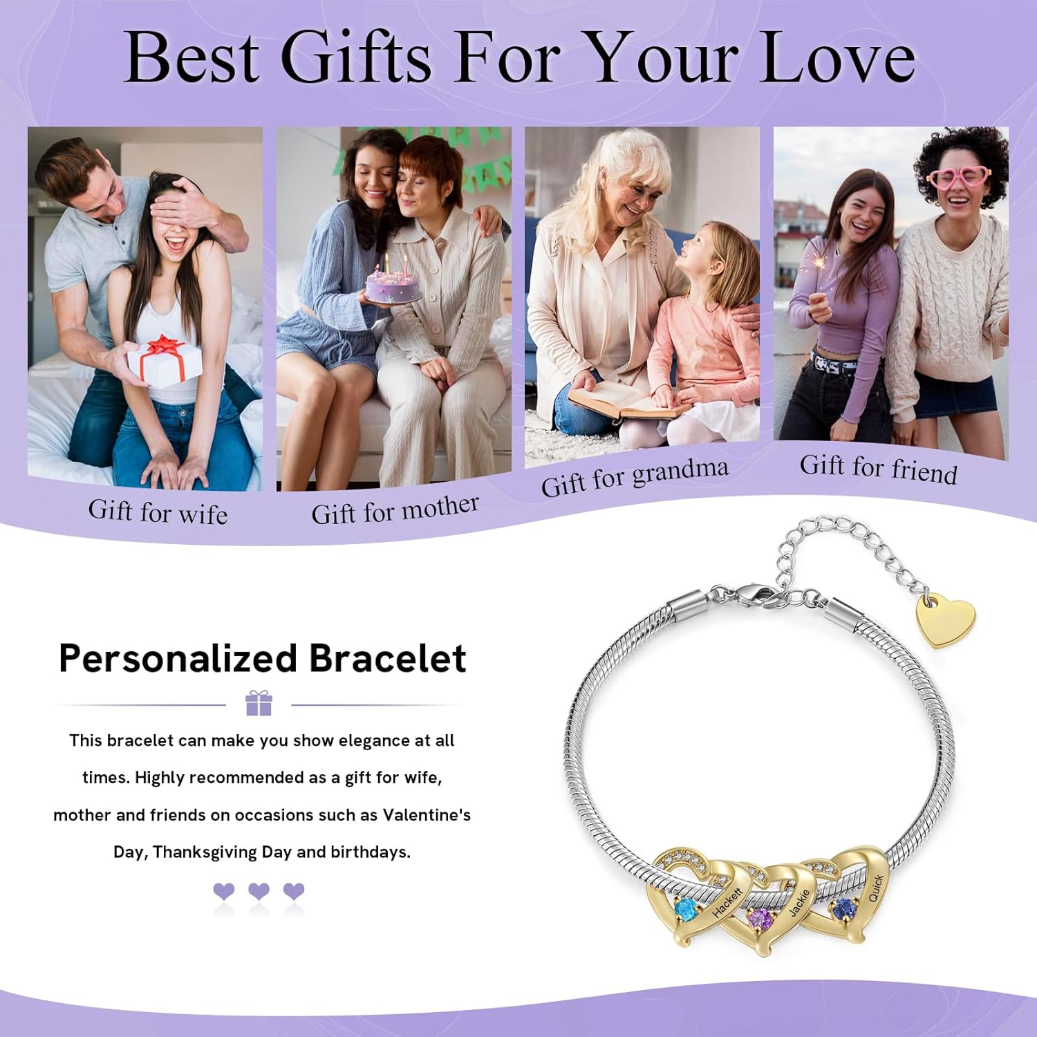 Birthstone Bracelets for Women - Personalized Mothers Bracelet with Birthstone Engraved 1-5 Names Mothers Day Bracelet Customized Christmas Gifts for Women Mom