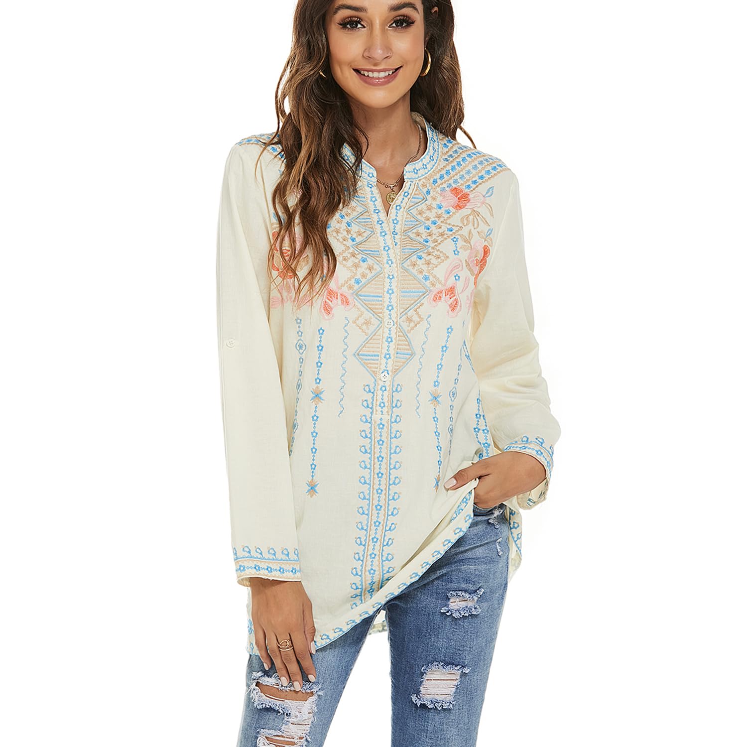 drakloak Bluse Stickerei Damen,Folklore Bluse Damen Stickerei Mexiko,Langarm Hippie Kleidung Boho Rundhalsausschnitt Blouse mit Blume Stickerei