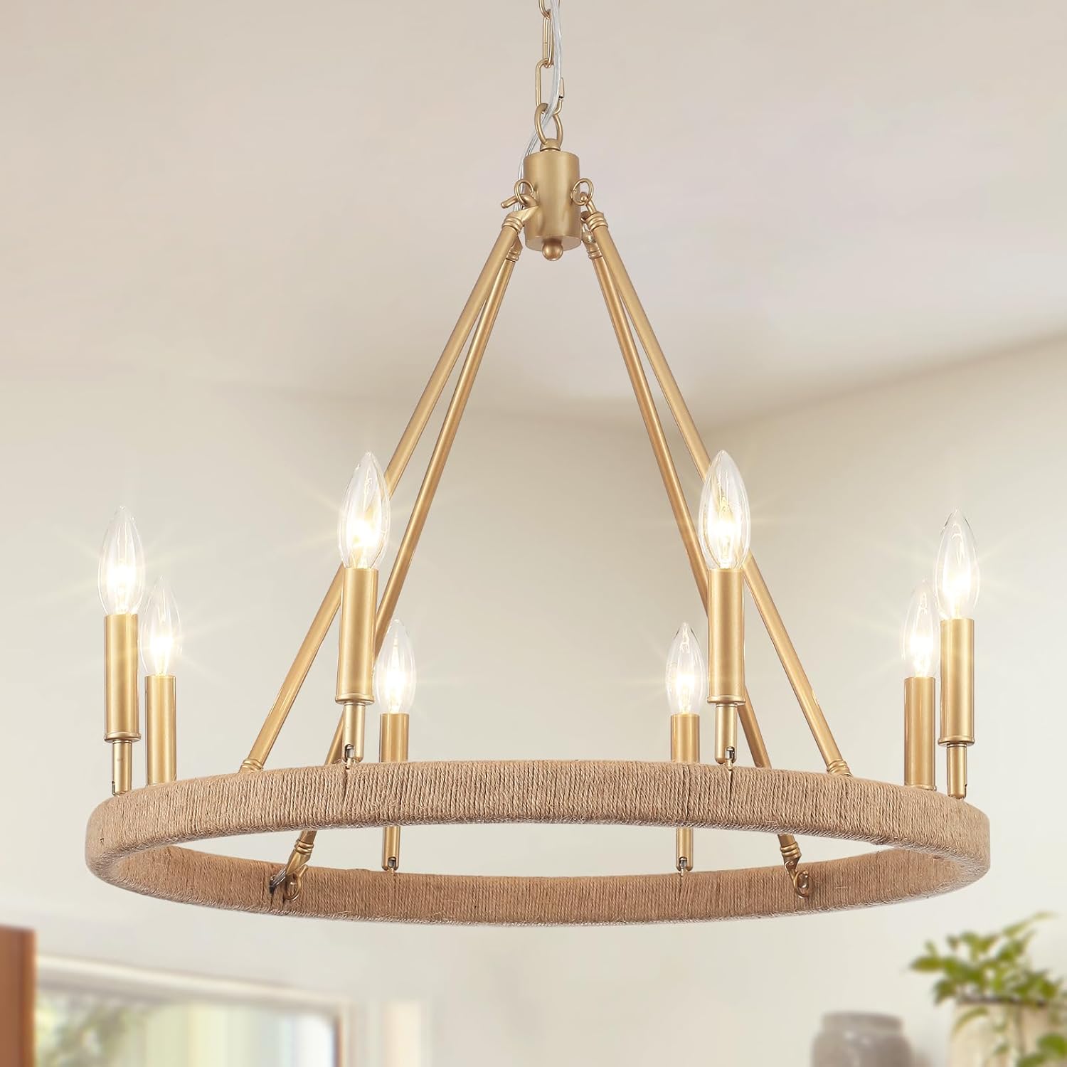24" Gold Wagon Wheel Chandelier, 8-Lights Gold Farmhouse Chandelier for Dining Room, Rustic Round Pendant Light Fixture for Living Room Foyer Entryway High Ceiling
