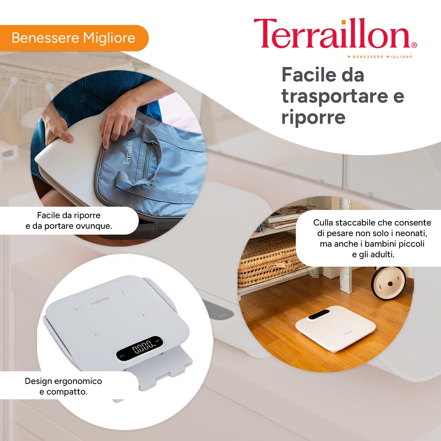 TERRAILLON - BABY FIT - Pesa bambino 2 in 1 elettronica, navicella staccabile, funzione confronto peso, blocco bambino, gradazione 5-10-15 g, capacità 180 kg copertura inclusa, bianco