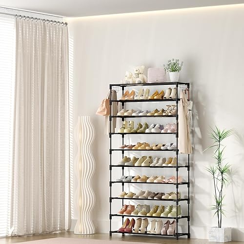 Miniatura 7 de Zapatero de 10 niveles, 50 pares, organizador de zapatos alto de gran capacidad, almacenamiento de zapatos resistente con dos ganchos, ahorra
