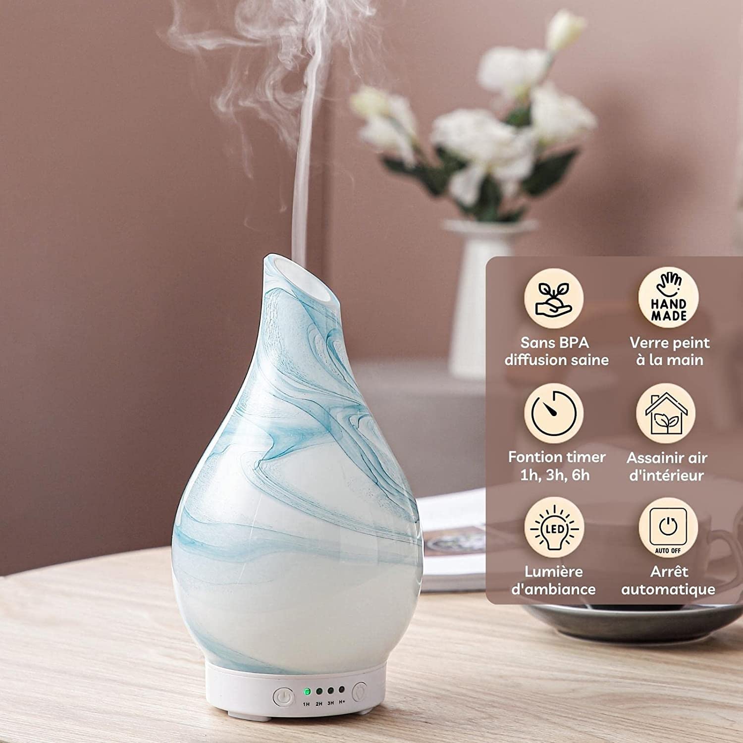 Zen'Aroma Dyfuzor olejku Jangcy - Ultradźwiękowy dyfuzor do aromaterapii na zimno, elektryczny dyfuzor nawilżacz, szkło z dekoracyjnym wzorem i konfigurowalnym oświetleniem LED