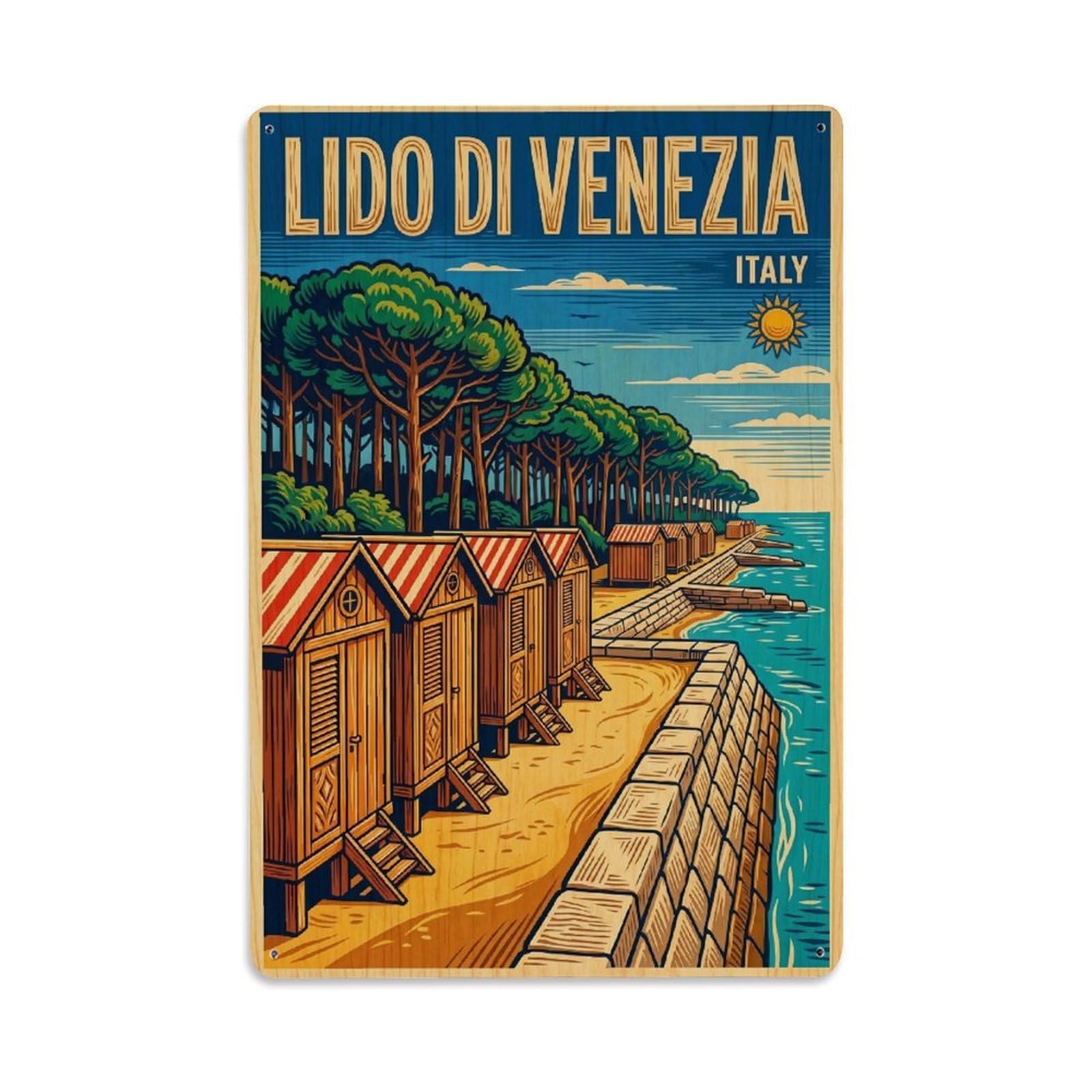 Olhnbad Style Lido Di Venezia Italy Beach Cabins Woodcut Travel Metal Tin Sign