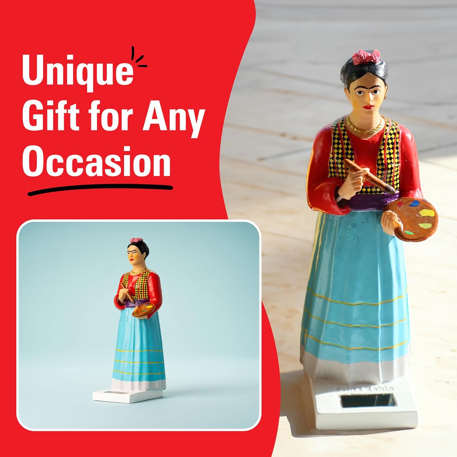 Kikkerland Solar Powered Frida Kahlo Figurine: Fun Art Decor for Home & Kitchen, Office Desk, Garden, Car – Great Novelty Toy Statue, Display Shelf Collectible, Holiday & Birthday Gift