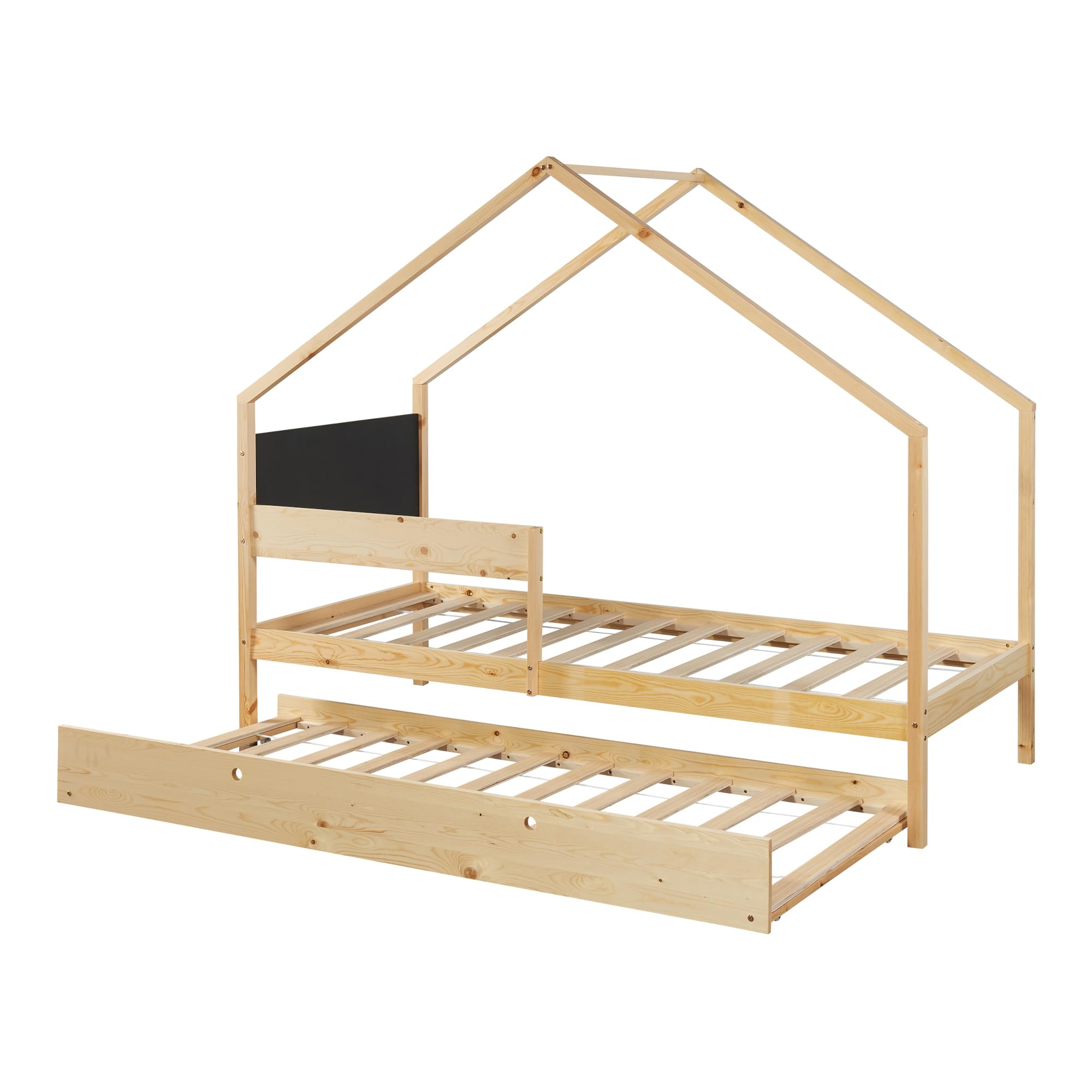 [en.casa] Letto Casetta Doppio Posto per Cameretta Bambini con Secondo Letto Estraibile Posti Letto a 90 x 200 cm Struttura in Legno di Pino Naturale
