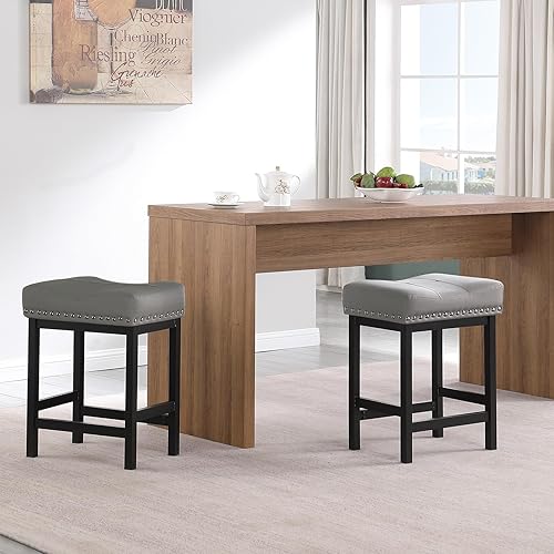 Miniatura 5 de OUllUO Juego de 2 taburetes de bar de 25 pulgadas de altura de mostrador, taburetes de bar de cuero sintético gris con cabeza de clavo, taburetes de