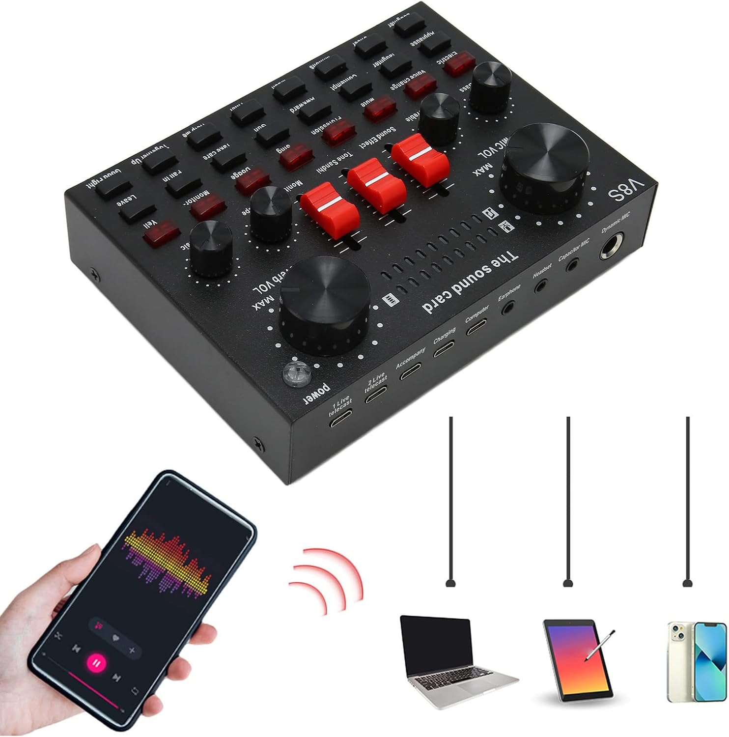 ciciglow V8S Live Sound Card connected to phone and laptop