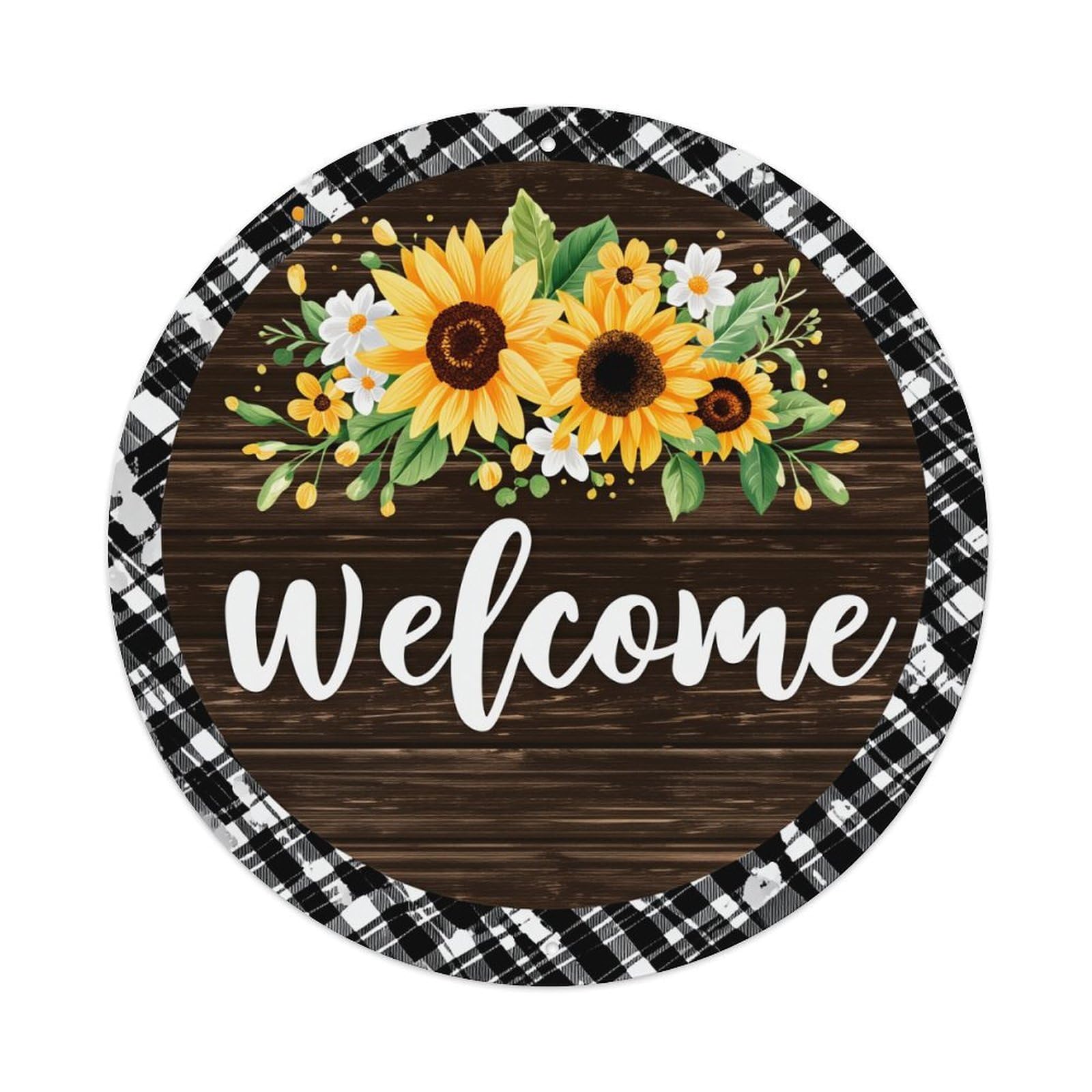 Sunflower Floral Plaid Welcome Round Tin Sign Retro Metal Sign for Cafe Bar Pub Home Game Room Gym Club Wall Decoration Vintage Metal Poster 8x8 Inch