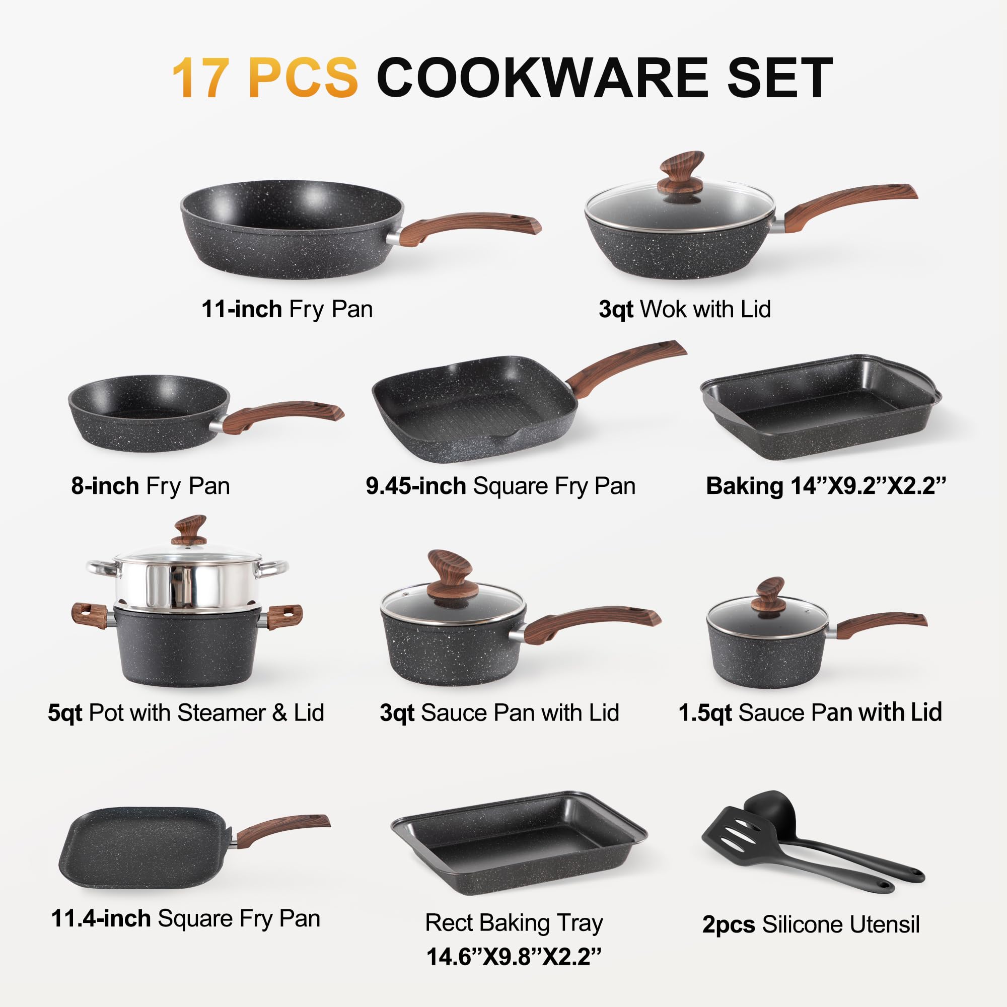 Kitchen Academy - Set di pentole a induzione, 17 pezzi, con coperchi in vetro e rivestimento in granito, con padelle e pentole (nero, 17 pezzi)