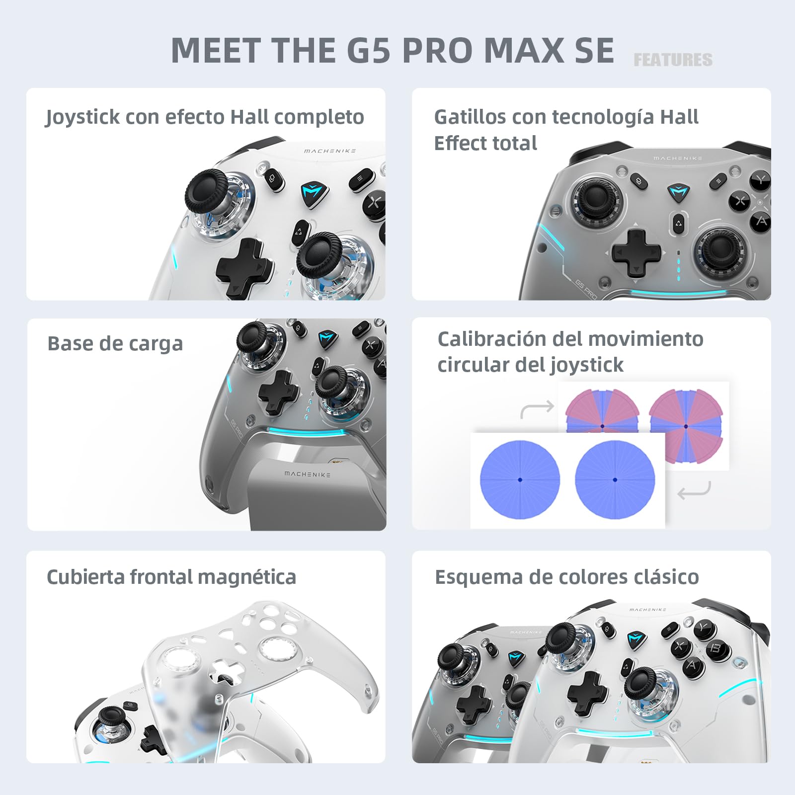 Machenike G5PROMAXSE Mando PC Gaming Inalambrico con Base de Carga, Hall Joystick Hall Trigger, Gamepad Mando Bluetooth para STEAM/PC/Switch/iOS/Android, Turbo/Vibración, Gris