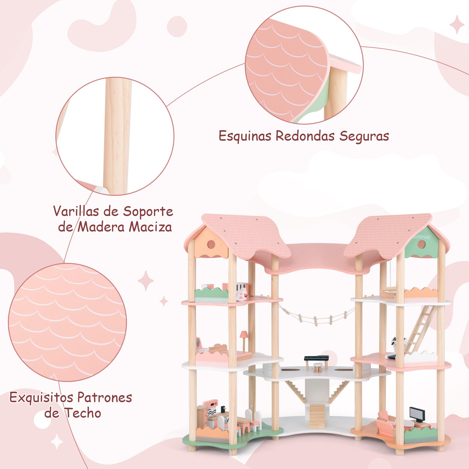 COSTWAY Casa de Muñecas de Madera, Casita Infantil de 7 Habitaciones y 3 Niveles con 32 Piezas de Accesorios de Muebles Realistas, Techos, para Muñecas de 8-15 cm