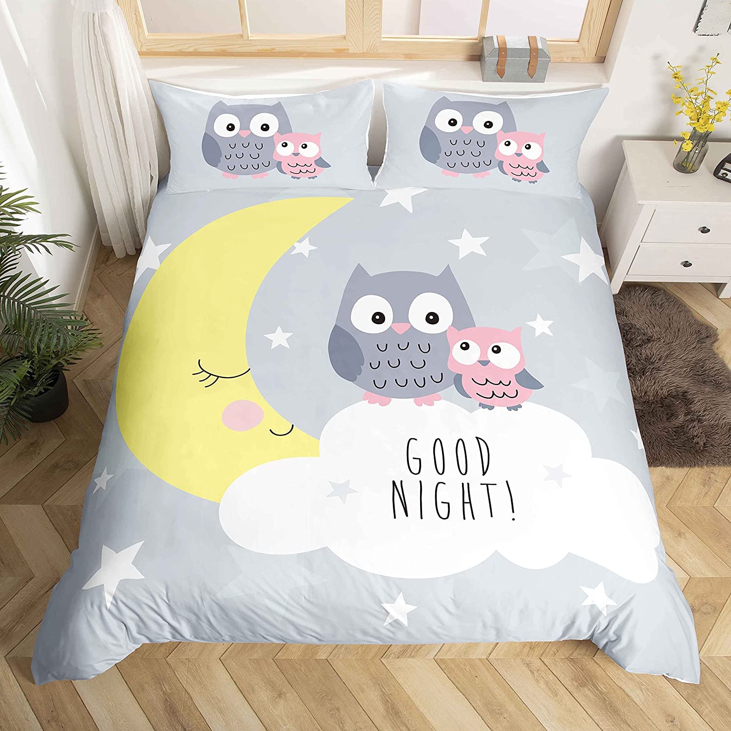 Homemissing 3D Animal Bedding & Linen Cartoon Owls Bedding Set for Boys Girls Kids Owl Duvet Cover Moon Stars Bedding & Linen King Size Quilt Cover 3Pcs - Image 3
