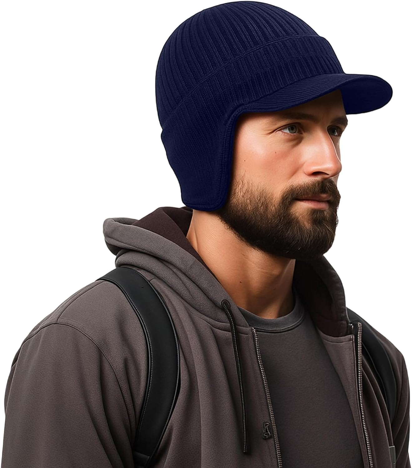 2 Pcs Winter Hats with Brim and Ear Flap Fleece Winter Beanie Hat Outdoor Warm Lined Knit Hat for Men Women - Image 6