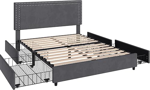Miniatura 235 de VECELO Base de cama de tamaño matrimonial con cabecera tapizada ajustable, plataforma de listones de madera, diseño sin ruido, fácil montaje Negro
