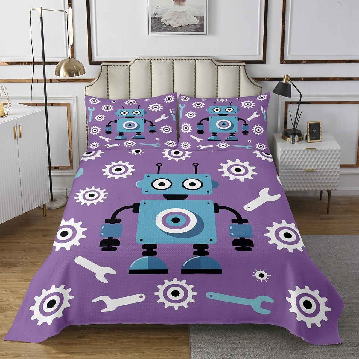 Cartoon Robot Coverlet Set Twin Size Geometric Repair Tools Bedspread Fashion Room Decor Cute Sci-Fi Robot Quilted for Teens Gift Intelligent Machine Bedspread with 1 Pillowcase image 2