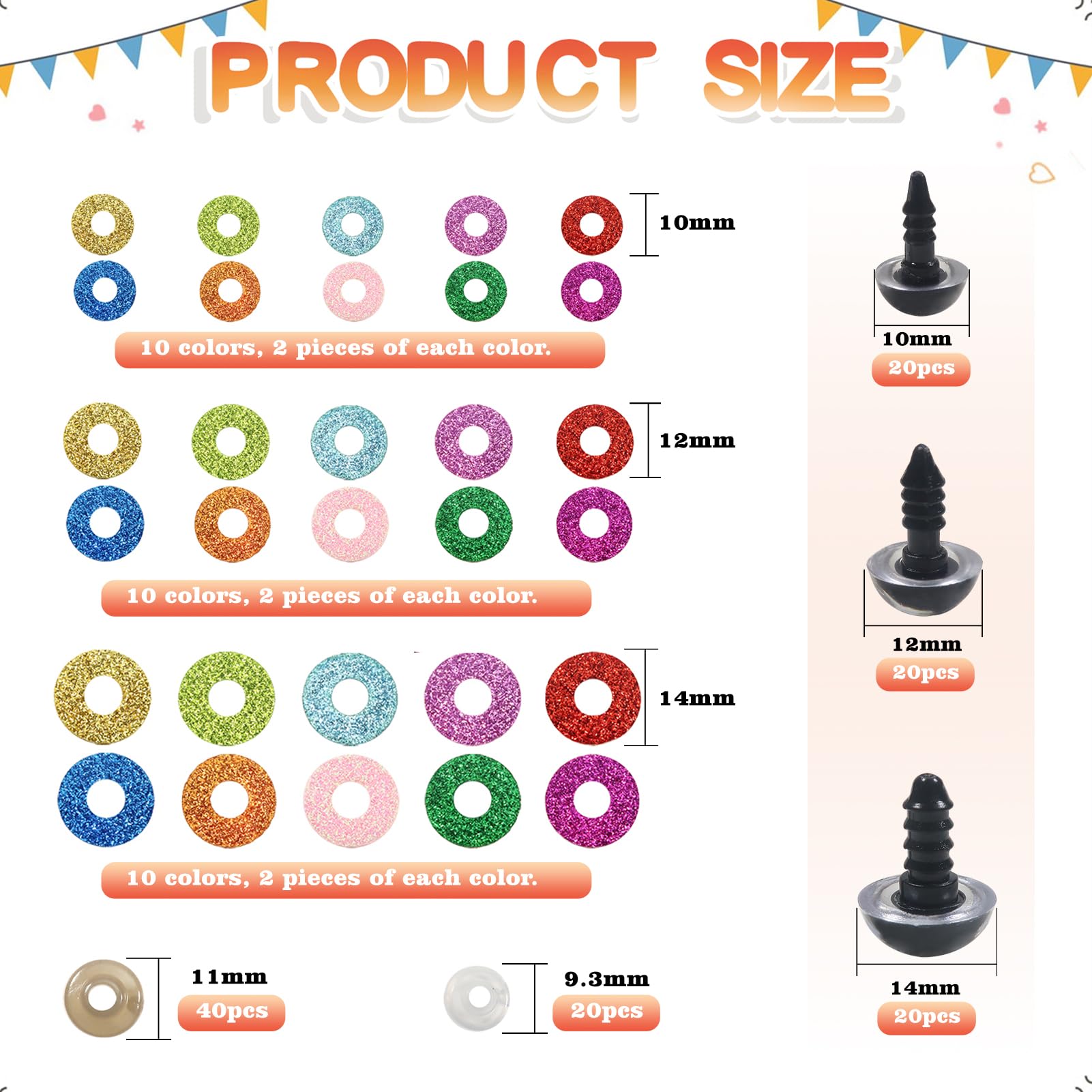 Lot De 60 Yeux De Sécurité 24mm Avec Paillettes & Rondelles - Pour Poupées, Peluches DIY, Artisanat (10 Couleurs)