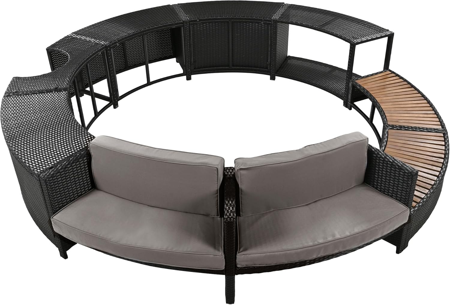 Patio Rattan Sofa Set Spa Surround Spa Frame with Storage Spaces, Outdoor All Weather Round Conversation Sofa Set with Acacia Wood Seats and Waterproof Cushion, Free Combination (Grey-sp)
