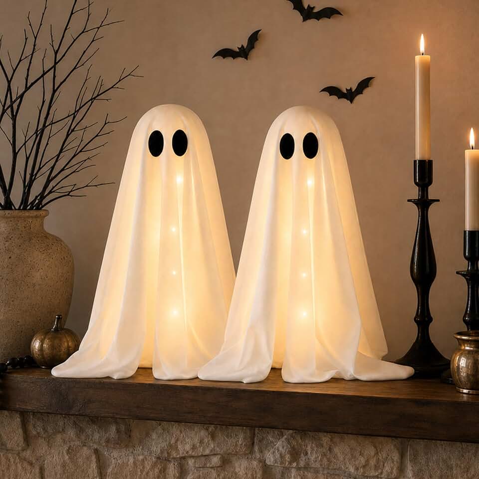 Halloween Decorations -2 Packs Spooky Light Up Ghosts with Lights | Scary Ghost for Halloween Decor Indoor Party Home Table Room Kitchen and Fireplace Decor