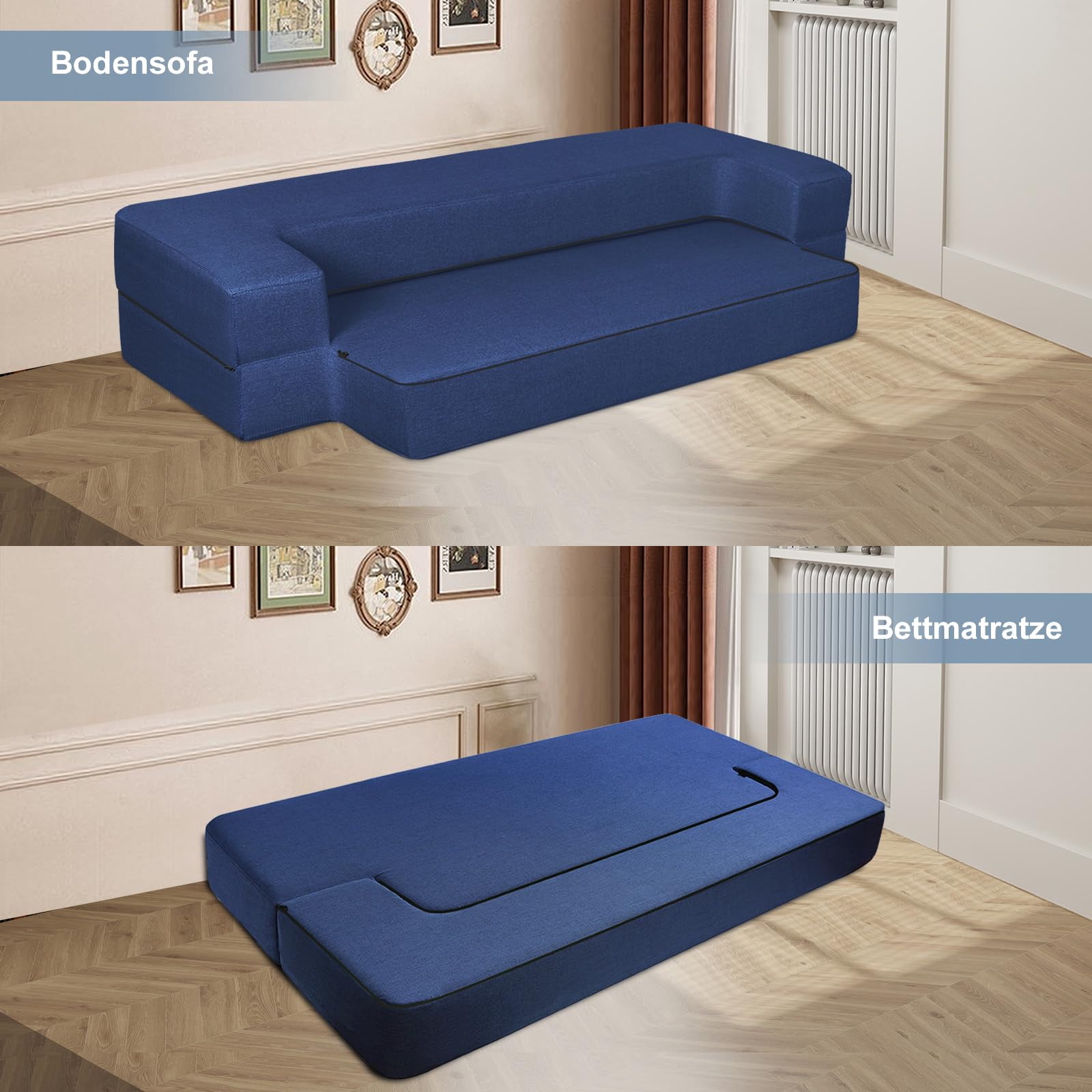 ANONER Divano Pieghevole Letto, Letto Per Gli Ospiti、Sedile Per Due Persone Cotone di Memoria,Confortevole e Spazioso，Ldeale per Case e Appartamenti di Piccole Dimensioni, Blu Scuro