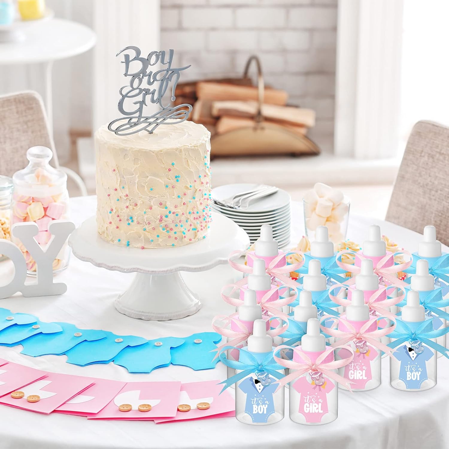 162 Pcs Gender Reveal Baby Shower Favors 48 Mini Milk Bottles Plastic Baby Candy Bottle 48 Mini Pacifiers Tiny Plastic Pacifiers 64 Pcs It's a Boy Girl Gender Reveal Stickers 2 Roll Ribbon