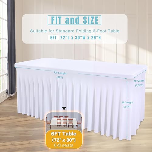 Miniatura 7 de Paquete de 6 manteles blancos para mesas rectangulares de 6 pies, fundas de mesa de elastano elásticas resistentes a las arrugas con falda para