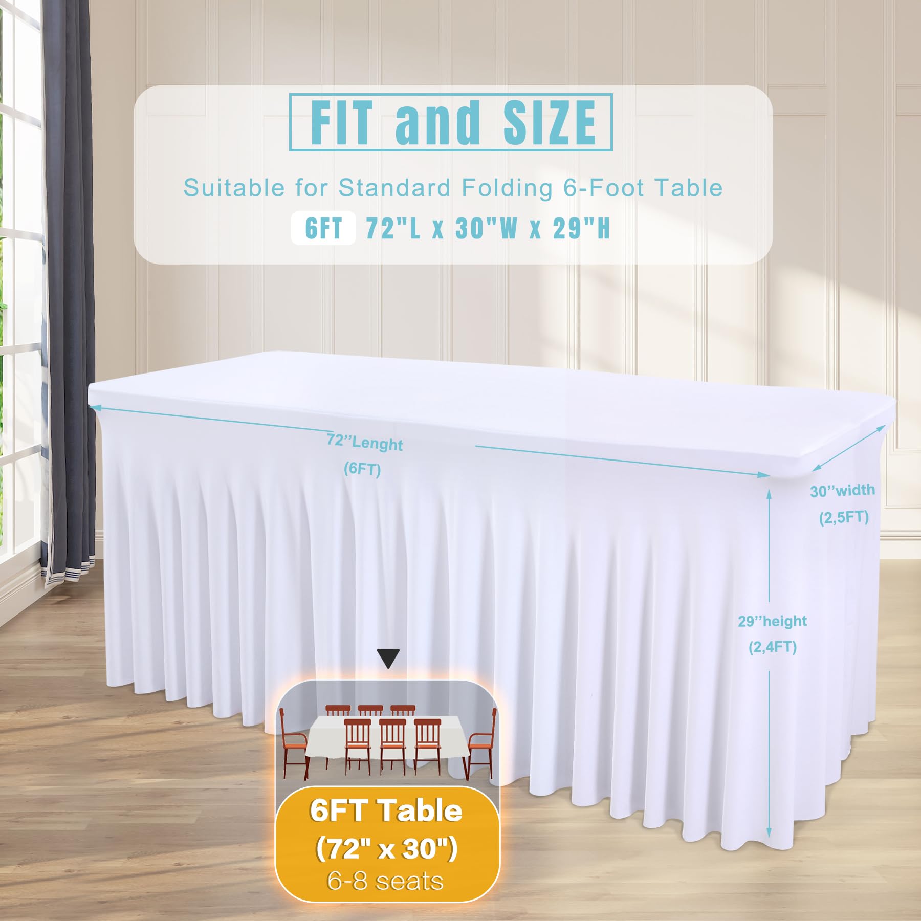 Paquete de 6 manteles de elastano elástico, de una sola pieza, resistentes a las arrugas, para mesas rectangulares de 6 pies, manteles negros para eventos, banquetes, bodas, fiestas de cumpleaños