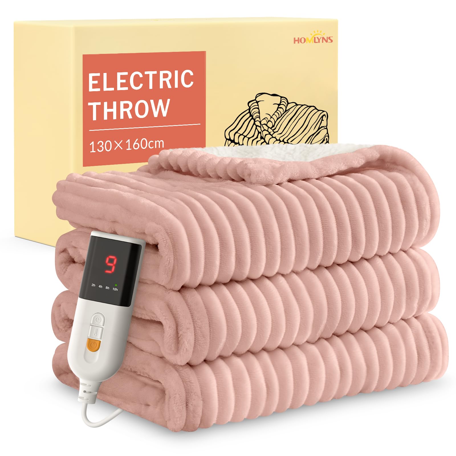 HOMLYNS Electric Heated Blanket Throw, 160 x 130cm Cozy Soft Flannel & Sherpa Heating Blan...