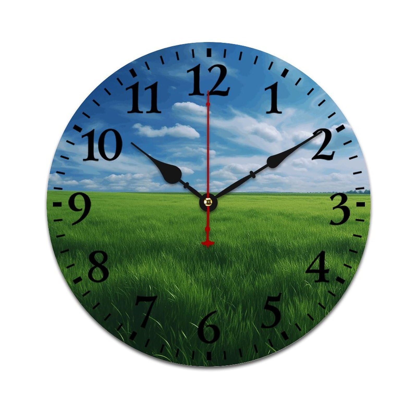 NTVOWPZO 10 Inch Wall Clock Wooden Field Green Grass Battery Operated Wall Clocks Silent Non-Ticking Square Wall Clock for Living Room Kitchen Home Office Wall Decorative Clocks