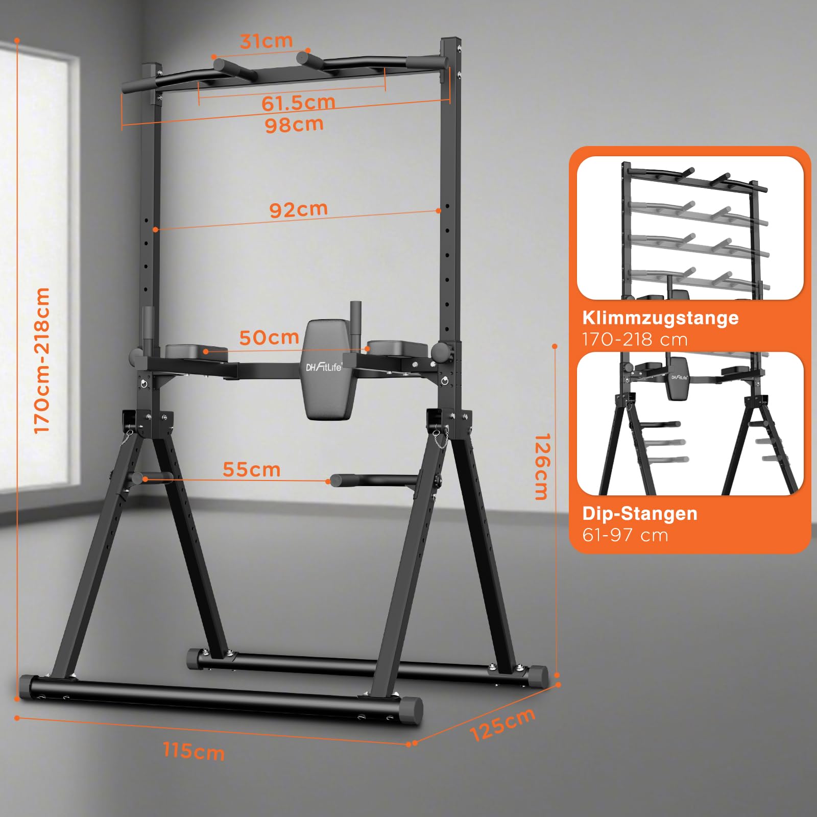 DH FitLife Faltbar Power Tower Dip Station | Klimmzugstange Freistehend mit Dip Barren u. Hantelablagen/Rückenlehne | Kraftstation Kraftturm | Fitness Station | Power Rack for Home Gym