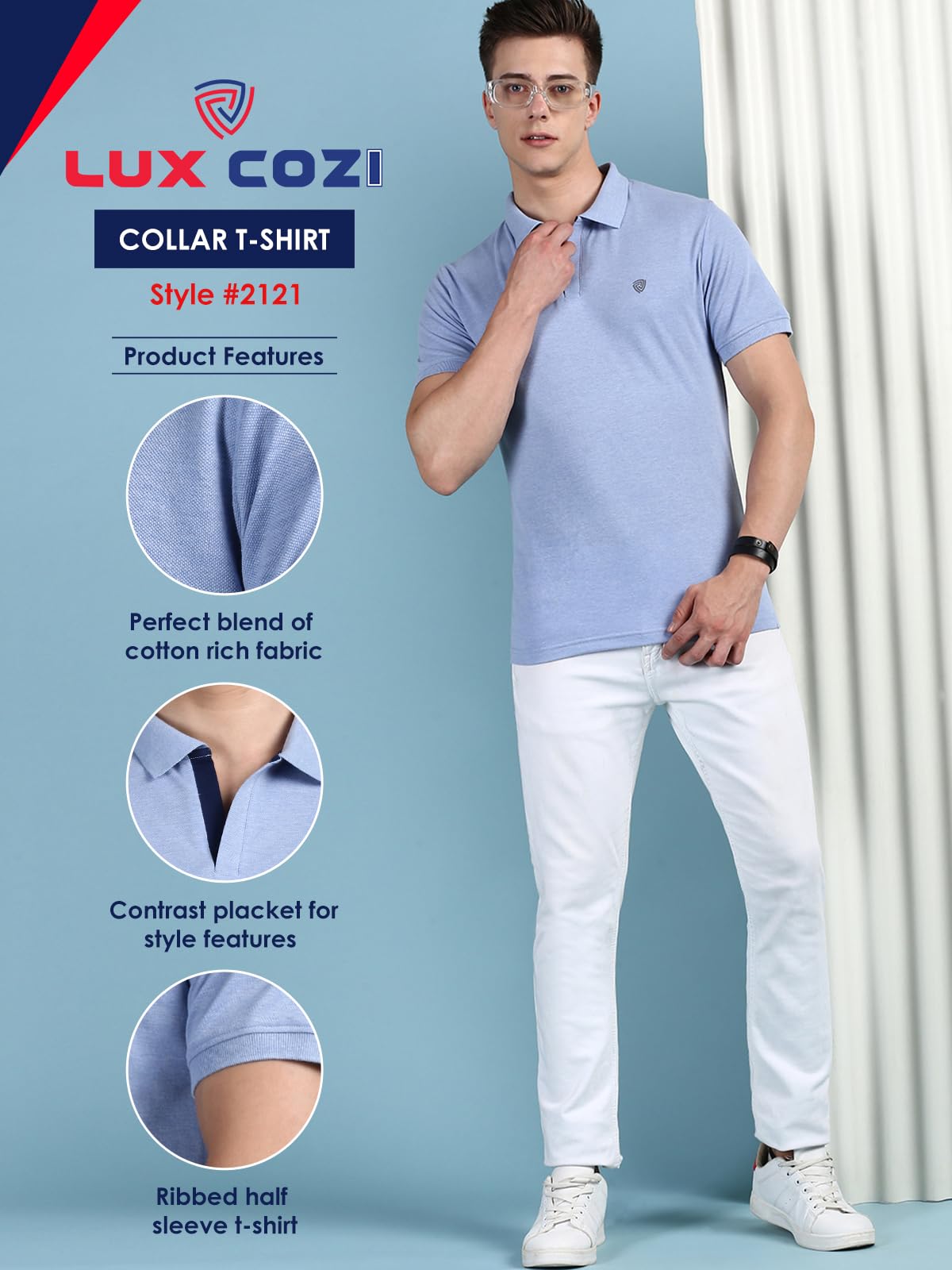 Lux Cozi Men's Pack of 1 Oxford Blue Regular Fit Polo Neck Half Sleeve Solid Casual T-Shirt (Size : XX-Large)_COZI_2121_OXBLU_2XL_1PC - Image 2 thumbnail