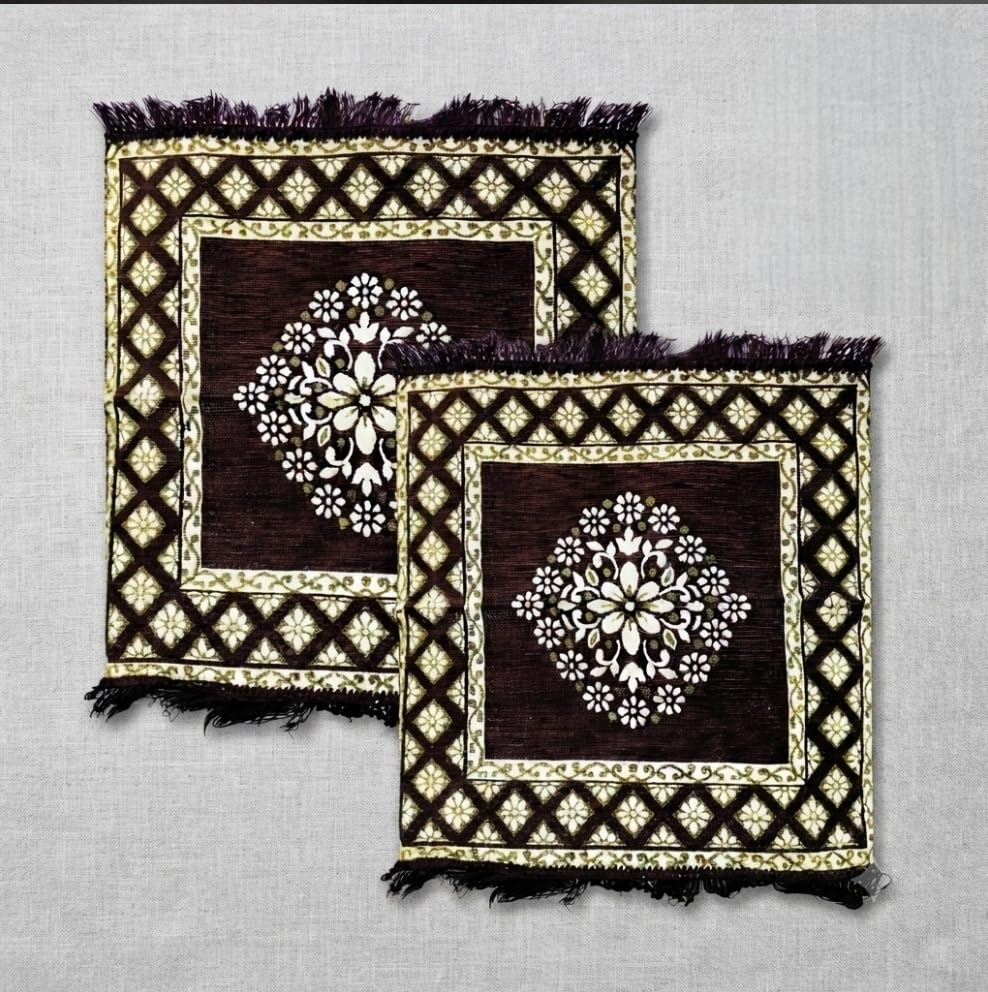 Set of 2 Chenille Worship mats Pooja Asan (19 × 19) Premium Velvet Designer Table Mats/Pooja Aasan/Multi-Purpose Mats - Set of 2 (Coffee)-image-17