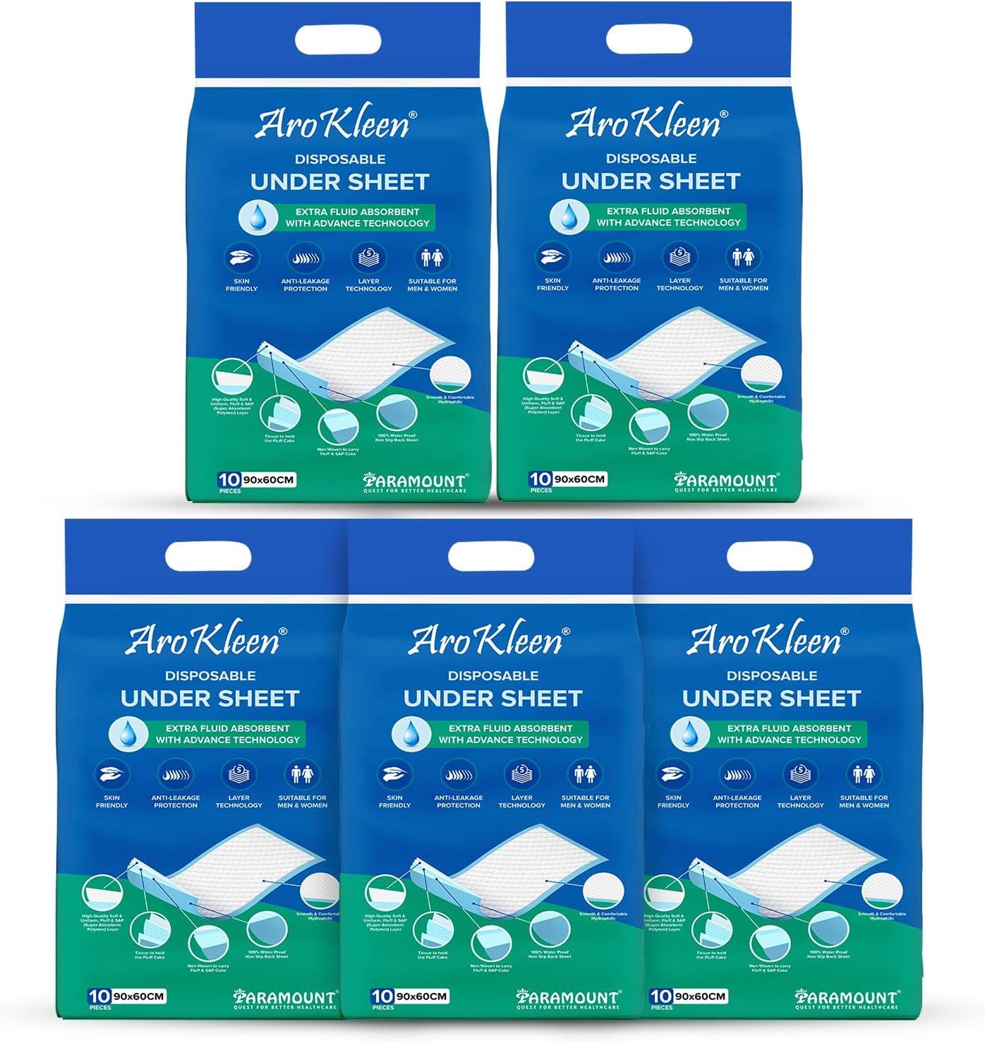 Arokleen Premium Disposable Bed Underpads Large 90x60 CM I 50 Units I Waterproof I Protects surfaces from Incontinence I Super Soft Polymer Pack of 5