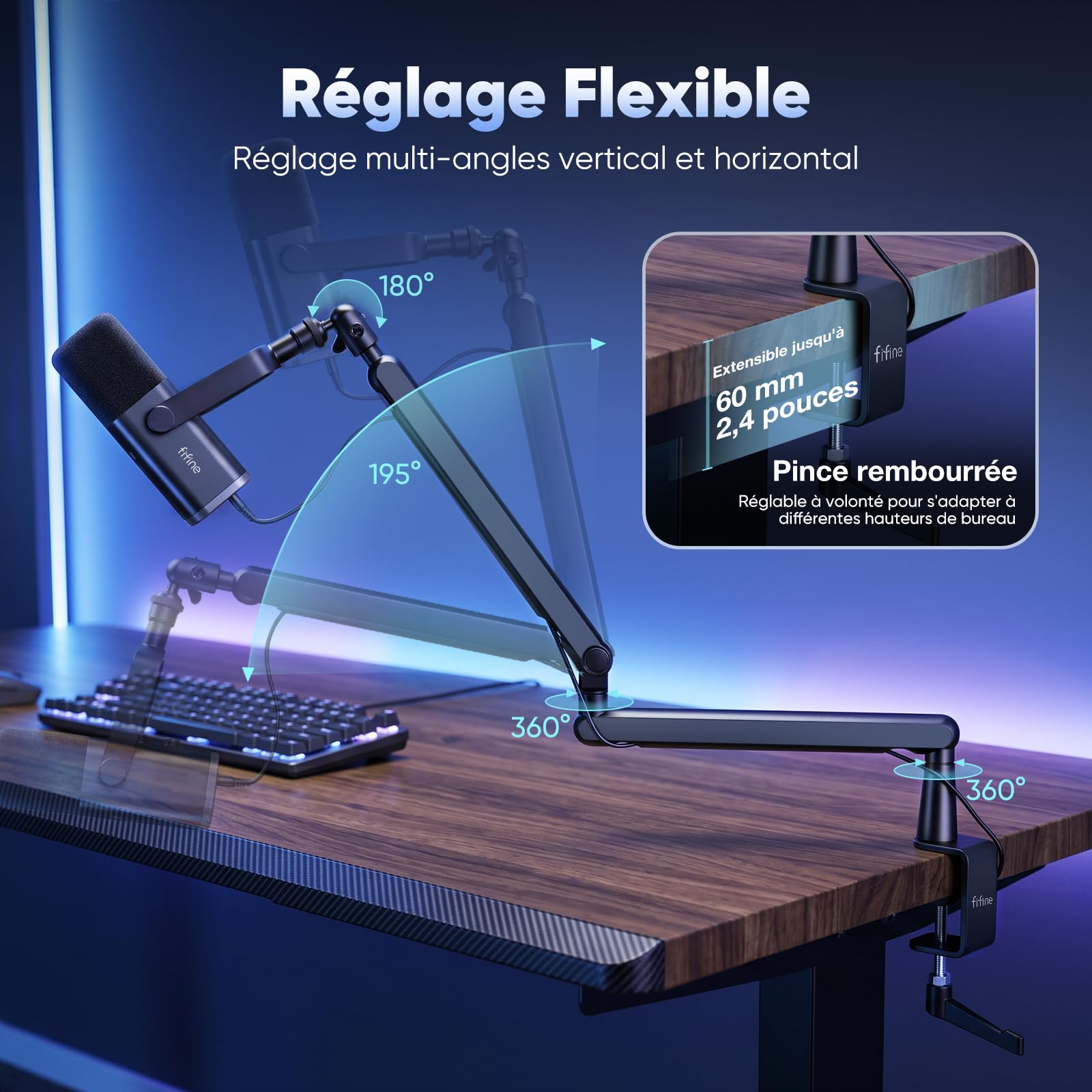 FIFINE Bras de Micro, Suspension Supports de Microphone, pour K658 AM8 K688 A8 etc., avec Pince de Montage sur Bureau, Adaptateur à Vis, Gestion des Câbles, pour Podcast, Streaming, Studio, Gaming