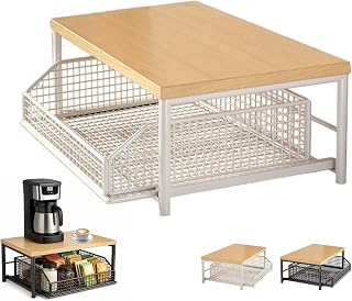 Kitchen Countertop Organizer with Drawer & Wire Basket, 2 Tier Countertop Kitchen Organizer Shelf, Kitchen Sink Organizer with Storage Drawer for Spices, Utensils and Pantry Items (White-1 Layer)