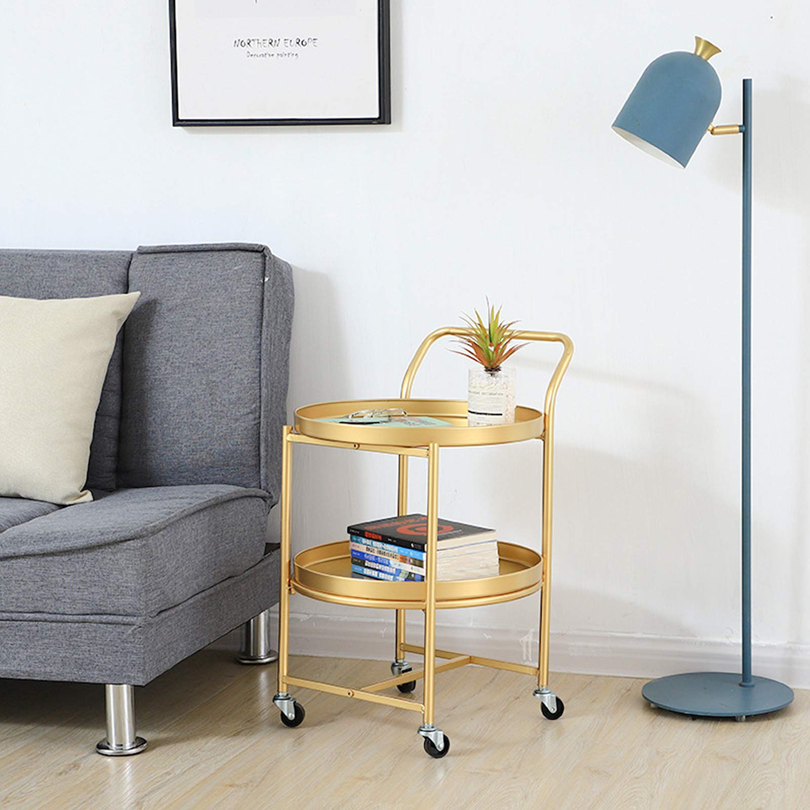 FAXIOAWA Keukentrolleys Serveren, Opbergwagen Rolling Cart Keuken Opbergorganizer Met Wielen voor Keuken en Woonkamer (Goud, 2-Tier/40 * 40 * 63cm)