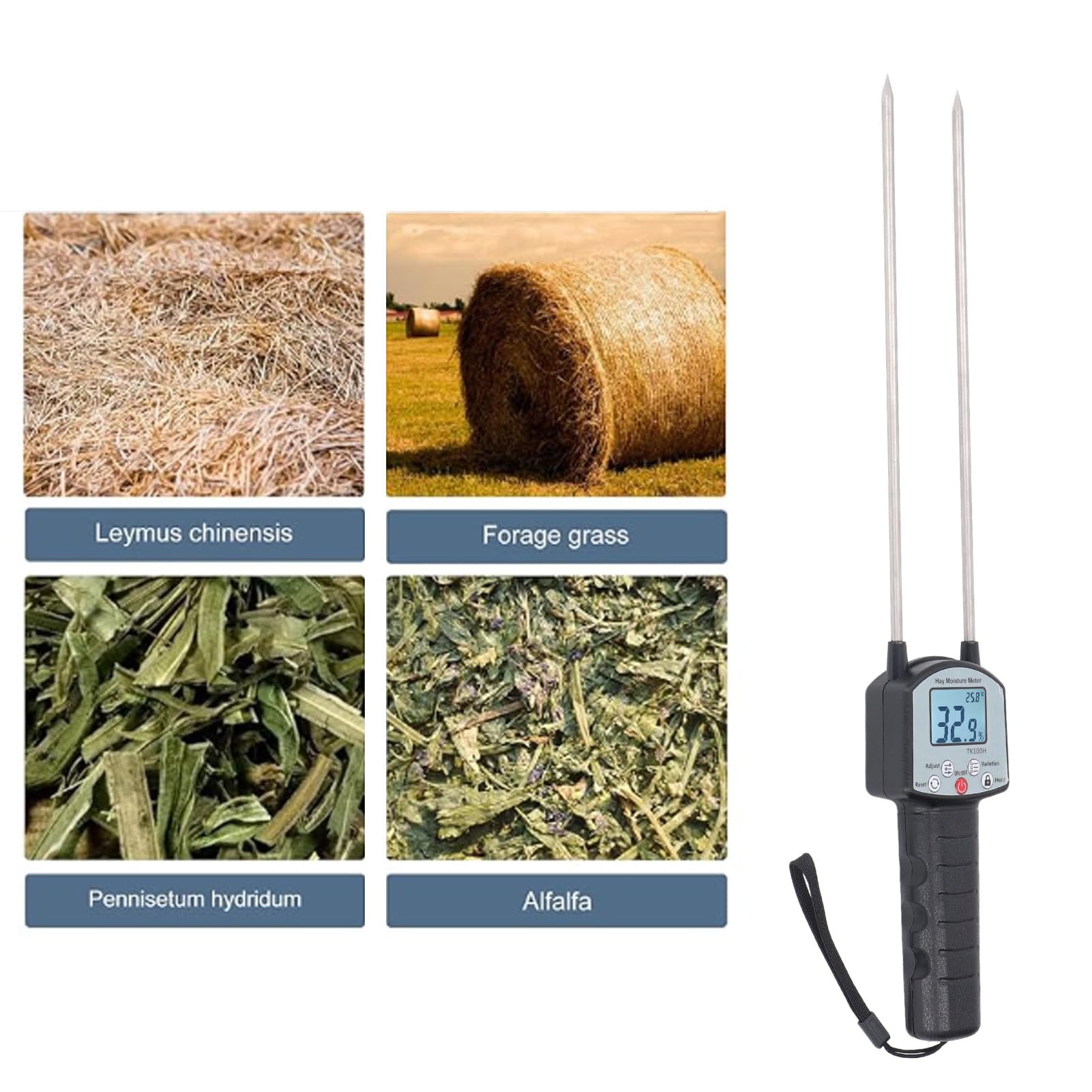 Upgrade TK100H Heu-Feuchtigkeitstester, Tragbares Heufeuchtemessgerät mit Tasche, Präziser Heufeuchtetester mit Sonde für Getreidestroh, Futter, Leymus Chinensis, Bereich 0-80%