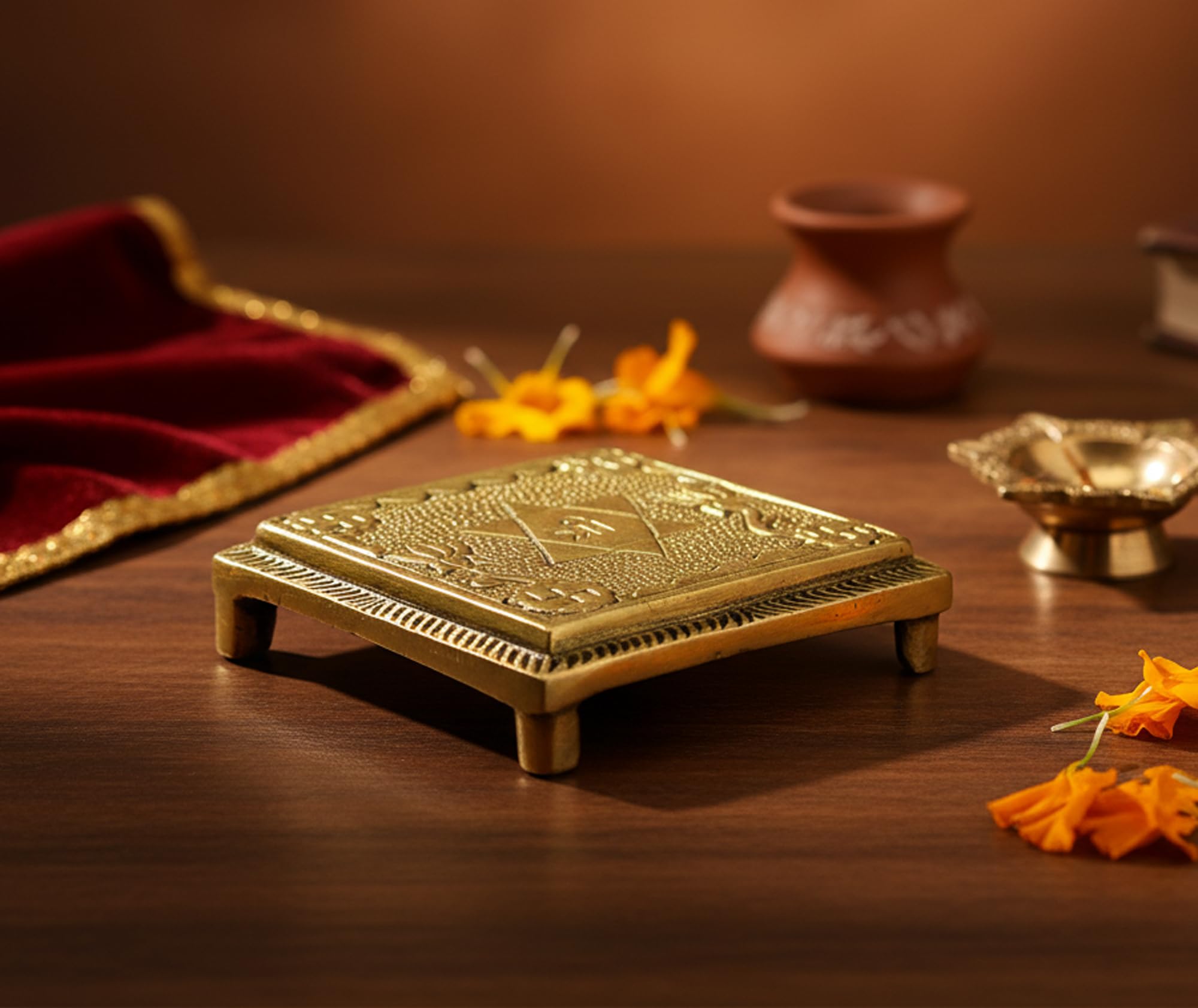 ESPLANADE Brass Pooja Mandir Chowki Peetha Peeta God's Stool - Puja Articles - 2.6" Inches (Very Small)