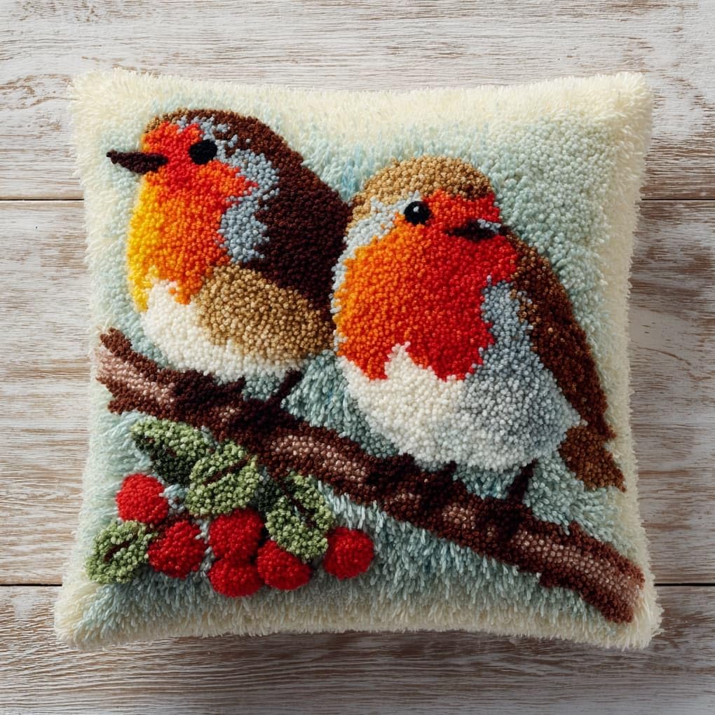 Henypt Premium Latch Hook Kit,Christmas Robin 43x43cm DIY Sofa Pillow Cover,Printed Pattern Crochet Kit with Tools & Yarn for All Ages