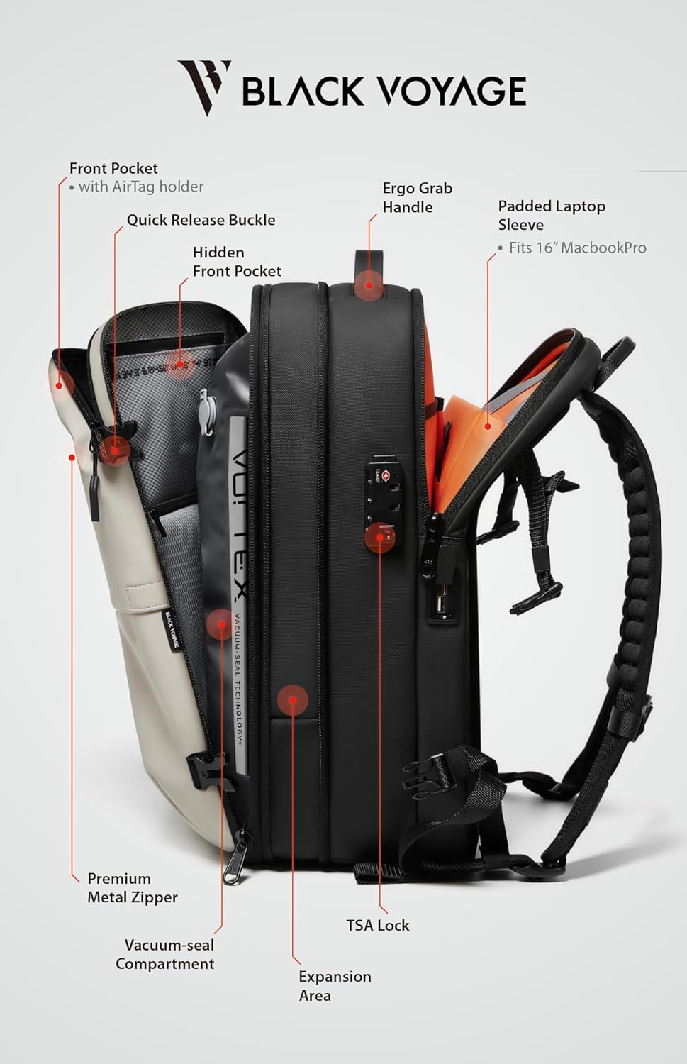 BlackVoyage Vortex Vacuum Seal Travel Backpack 60L Expandable Air Compression System Water Resistant TSA Lock Carry-On Suitcase Luggage White AERO - Vacuum Pump Included - Image 5