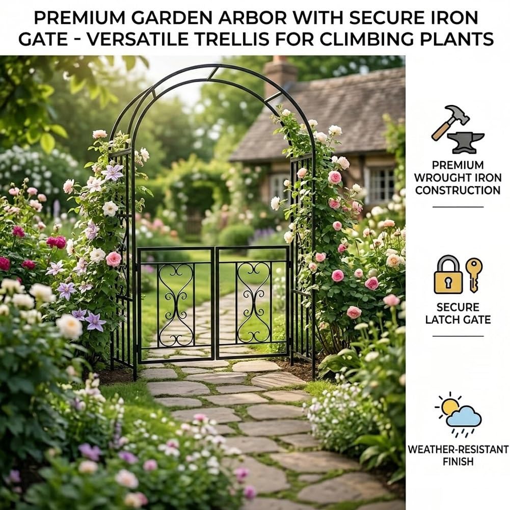 Gartenbogen Aus Metall Mit Tür, Rosenbogen Torbogen Rankhilfe Für Kletterpflanzen, 115x210x52cm Wetterfester Rankgitter Gartenlaube Für Garten Rasen Terrasse Dekor
