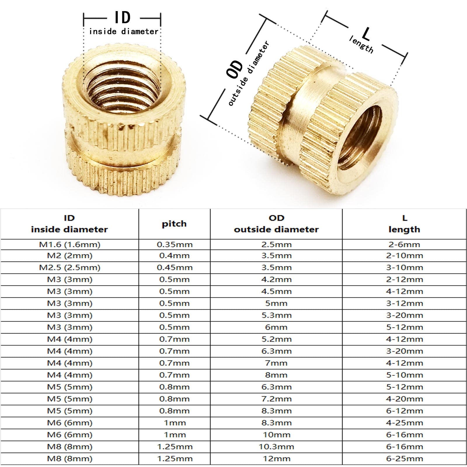5/10 stks M6 M8 Massief Messing Zuiver Koper Metrische Draad Spuitgieten Knurl Ingebed Insert Moer Nutsert (Color : Length 6mm, Size : 10pcs M6 (OD8.3mm