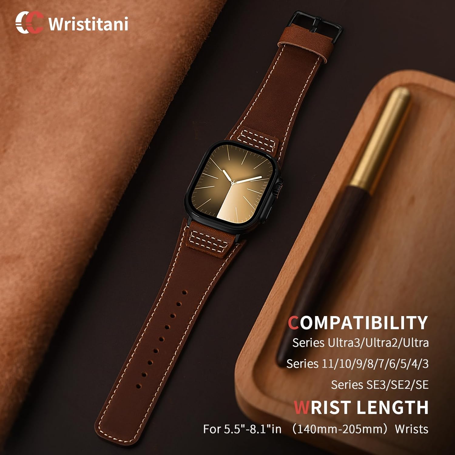 Wristitani Leather Bands Compatible with Apple Watch Strap 49mm 46mm 45mm 44mm 42mm 41mm 40mm for Men, Top Genuine Leather Replacement Straps for iWatch Ultra3/2/1 SE3/2/1 Series 11 10 9 8 7 6 5 4 3 - Image 2