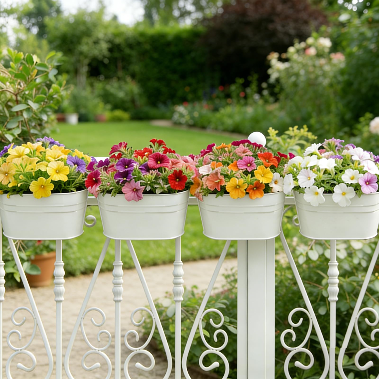 RIOGOO Pots de Fleurs Pots de Fleurs à Suspendre en Fer en Métal Pots de Jardin Jardinières de Balcon Seau en Métal Porte-Fleurs à Suspendre Décor Pot- Crochet Amovible (4 PCS) (Blanc)