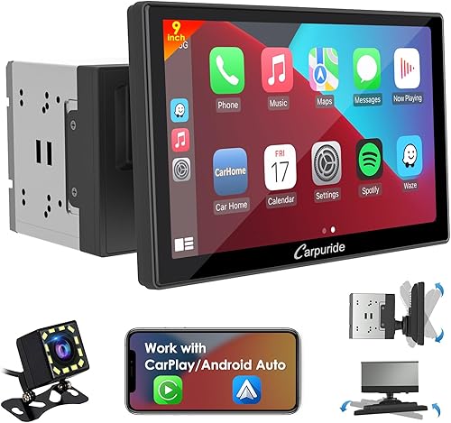 Carpuride Estéreo de auto de doble DIN de 9 pulgadas con pantalla táctil desmontable y ajustable, CarPlay, Android Auto, control de voz, enlace de
